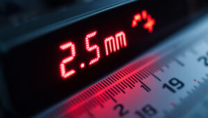 A photograph of a close-up shot of an led display showcasing a measurement conversion from 2.5 mm to inches