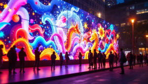 A photograph of a vibrant outdoor led display showcasing dynamic wall art in a lively urban setting