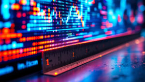 A photograph of a close-up of a vibrant led display showcasing a dynamic digital graphic