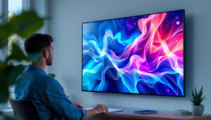 A photograph of capture a photograph of a 135-inch led display in a modern setting