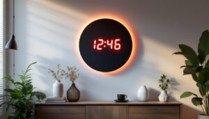 A photograph of a modern led wall clock prominently displayed in a stylish interior setting