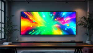 A photograph of a vibrant custom wall banner featuring an led display in action