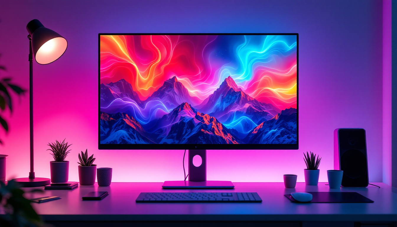 A photograph of a sleek led monitor displaying vibrant