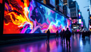 A photograph of a vibrant led display in a bustling urban setting