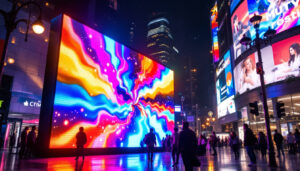 A photograph of a vibrant led display in an urban setting