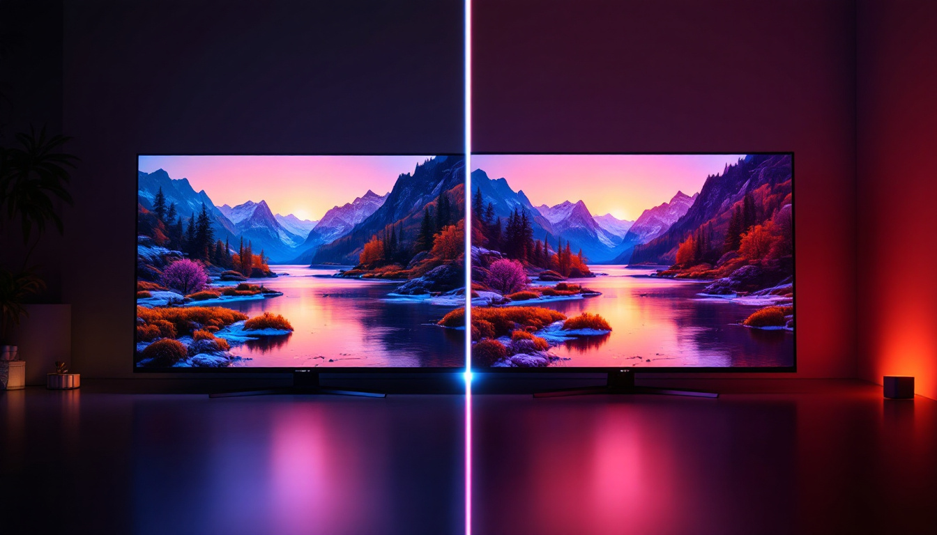 A photograph of a side-by-side comparison of two led displays showcasing the differences in color vibrancy and resolution between displayport 1.4 and displayport 2.1