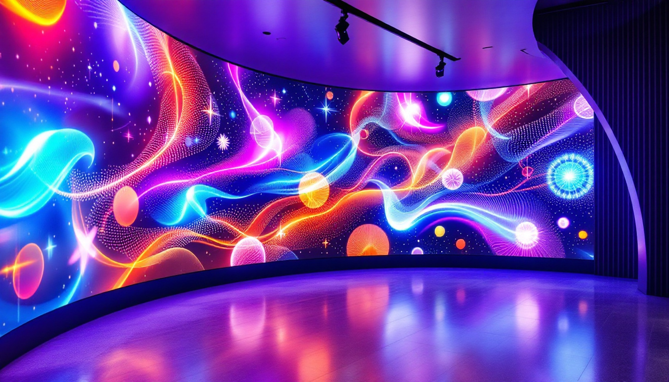 A photograph of a beautifully decorated curved wall featuring an innovative led display