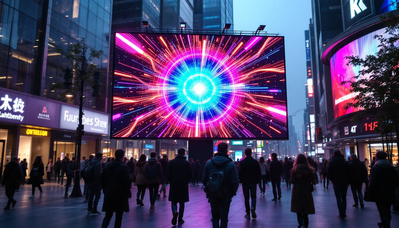A photograph of a vibrant led display in a bustling urban environment