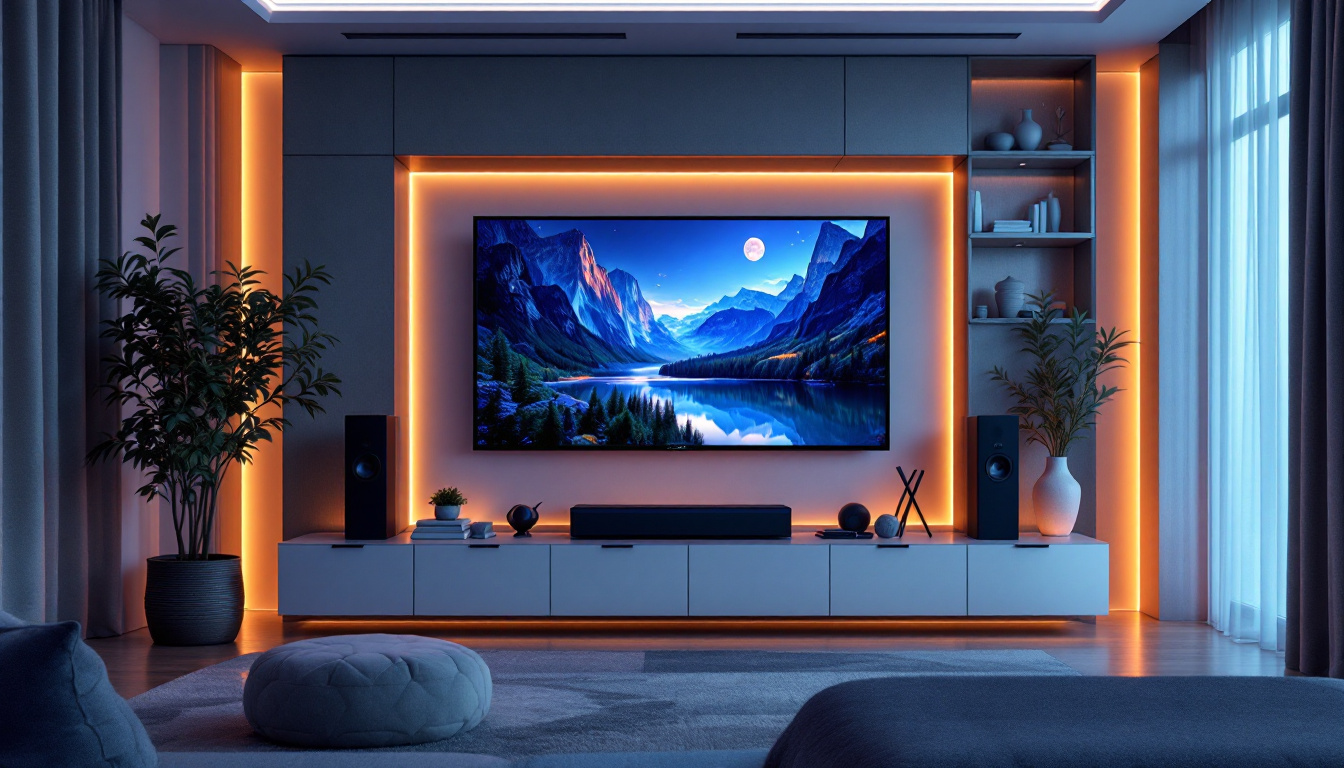 A photograph of a stylish home theater cabinet featuring an led display