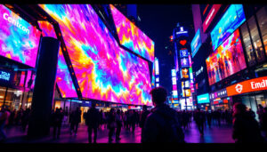 A photograph of a vibrant led display in a bustling urban environment