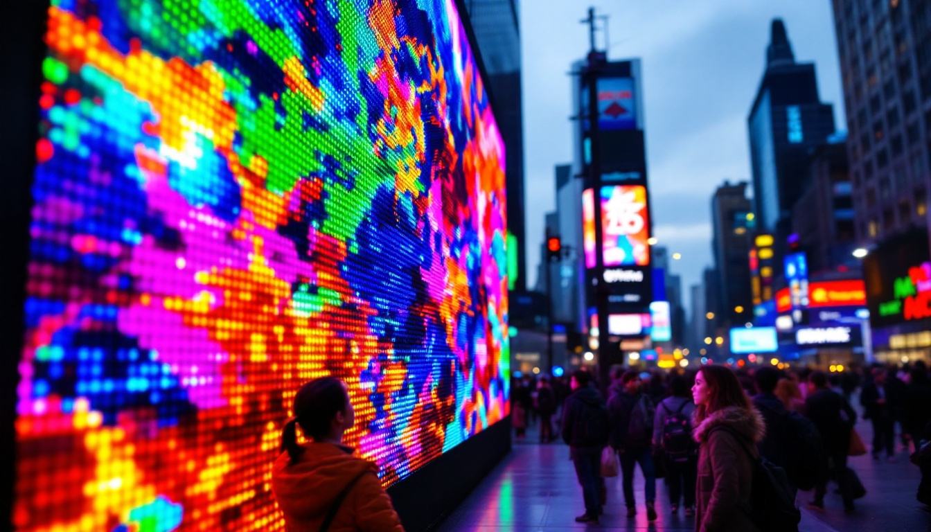A photograph of capture a photograph of a vibrant led display in an urban setting