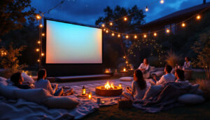 A photograph of a cozy outdoor movie setup featuring a large led display screen
