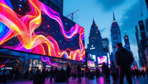A photograph of a vibrant led display in an urban setting
