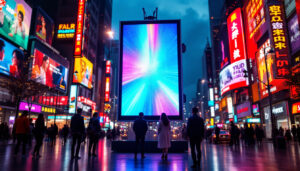 A photograph of a vibrant led display board in a dynamic urban setting
