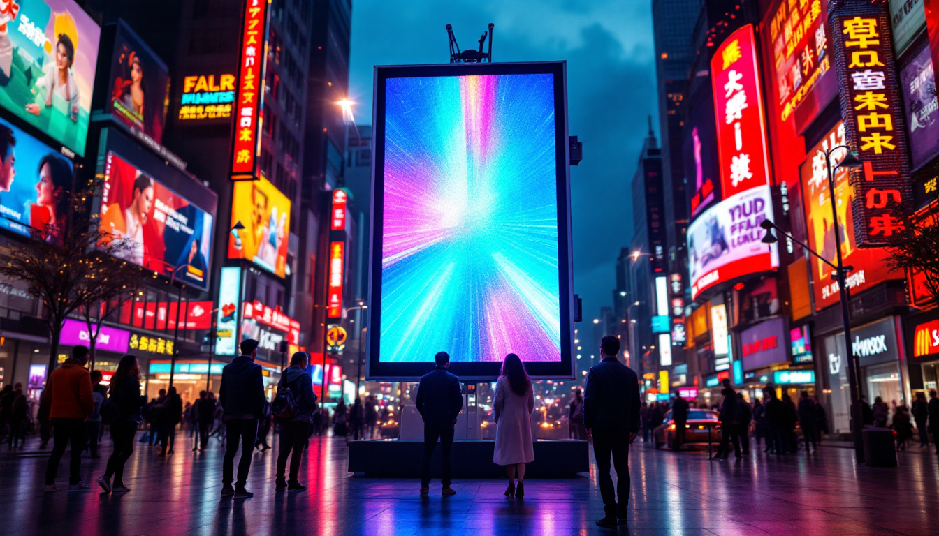 A photograph of a vibrant led display board in a dynamic urban setting