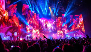 A photograph of a vibrant optitrack led display in action