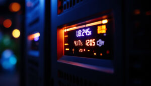 A photograph of a close-up of a modern ups power supply unit with an illuminated led display