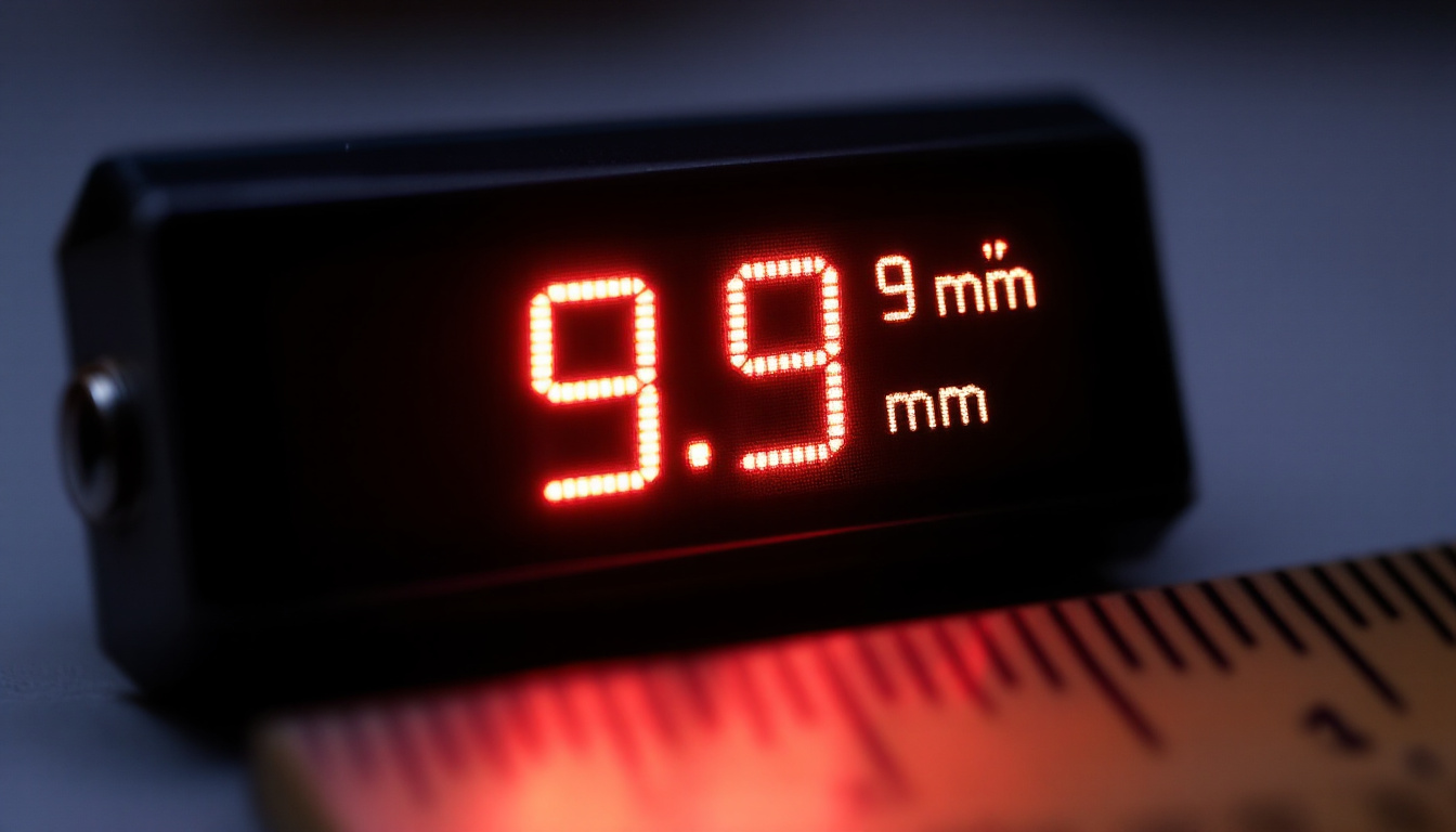 A photograph of a close-up of an led display showing measurements in both millimeters and inches