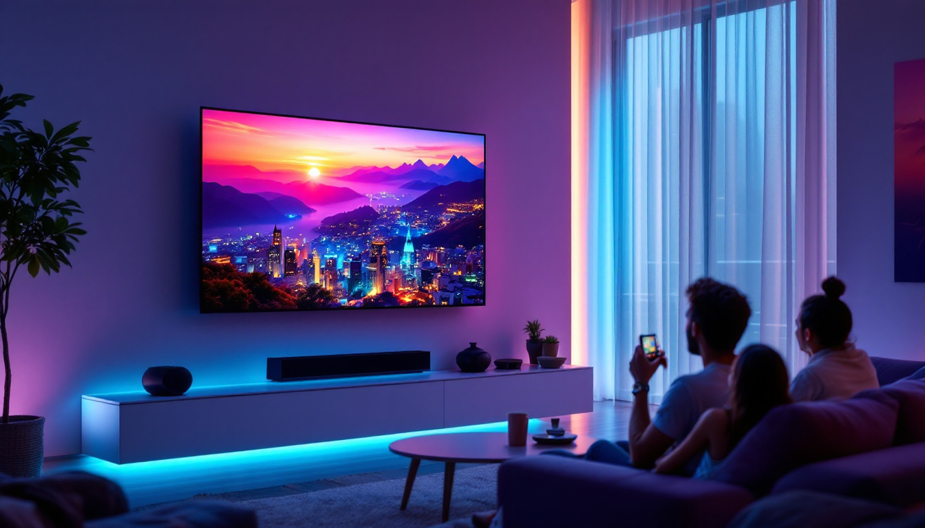 A photograph of a modern living room setting featuring a sleek led projection tv in use