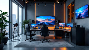 A photograph of a modern video control room showcasing ergonomic furniture
