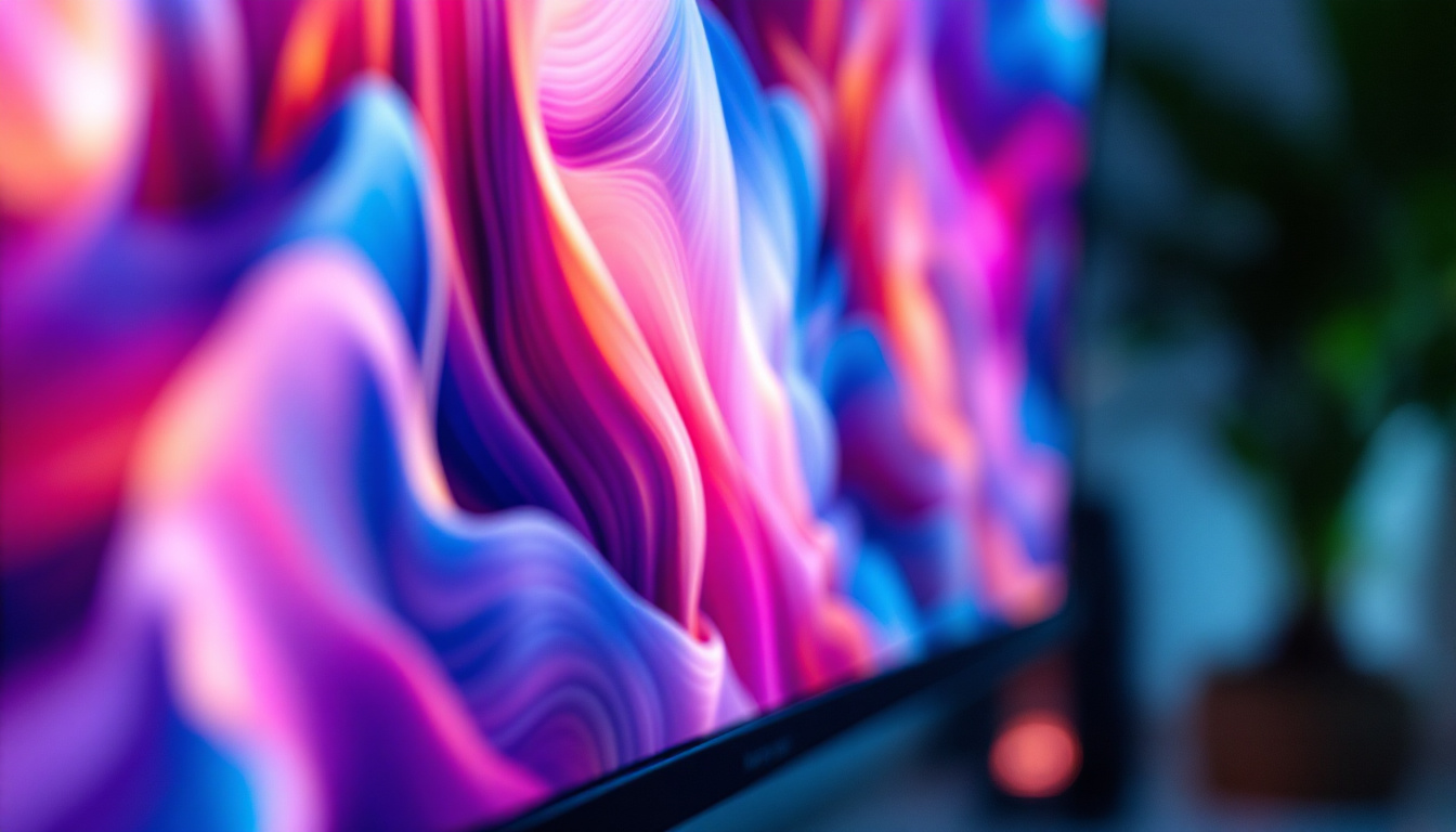 A photograph of a close-up of a computer monitor displaying a vibrant image with the brightness settings being adjusted