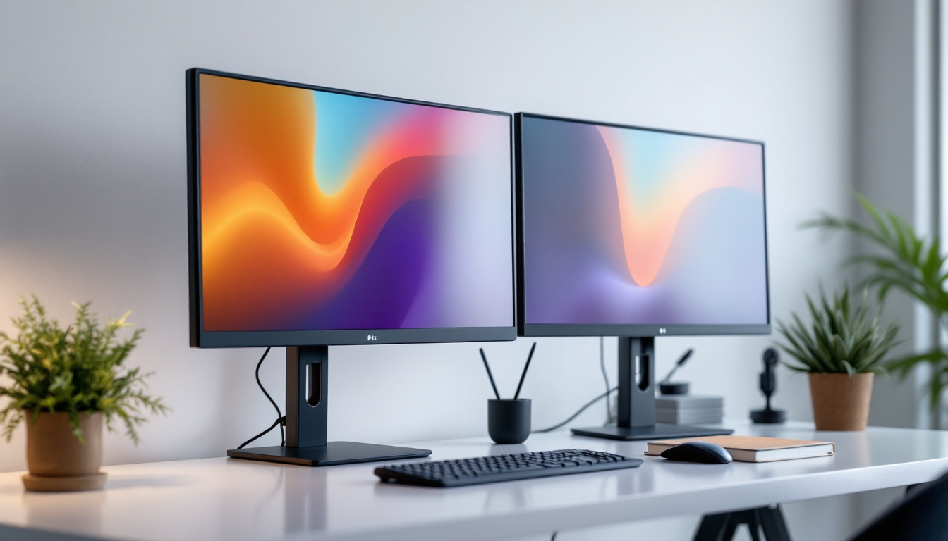 A photograph of capture a photograph of a sleek dual monitor stand setup on a modern desk
