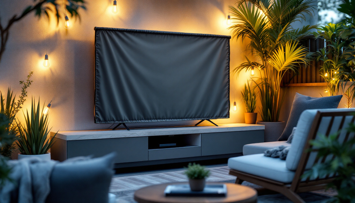 A photograph of a stylish outdoor setup featuring a waterproof tv cover over a sleek led display