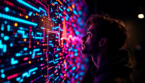 A photograph of a musician intently listening to a vibrant led display that visually represents sound frequencies