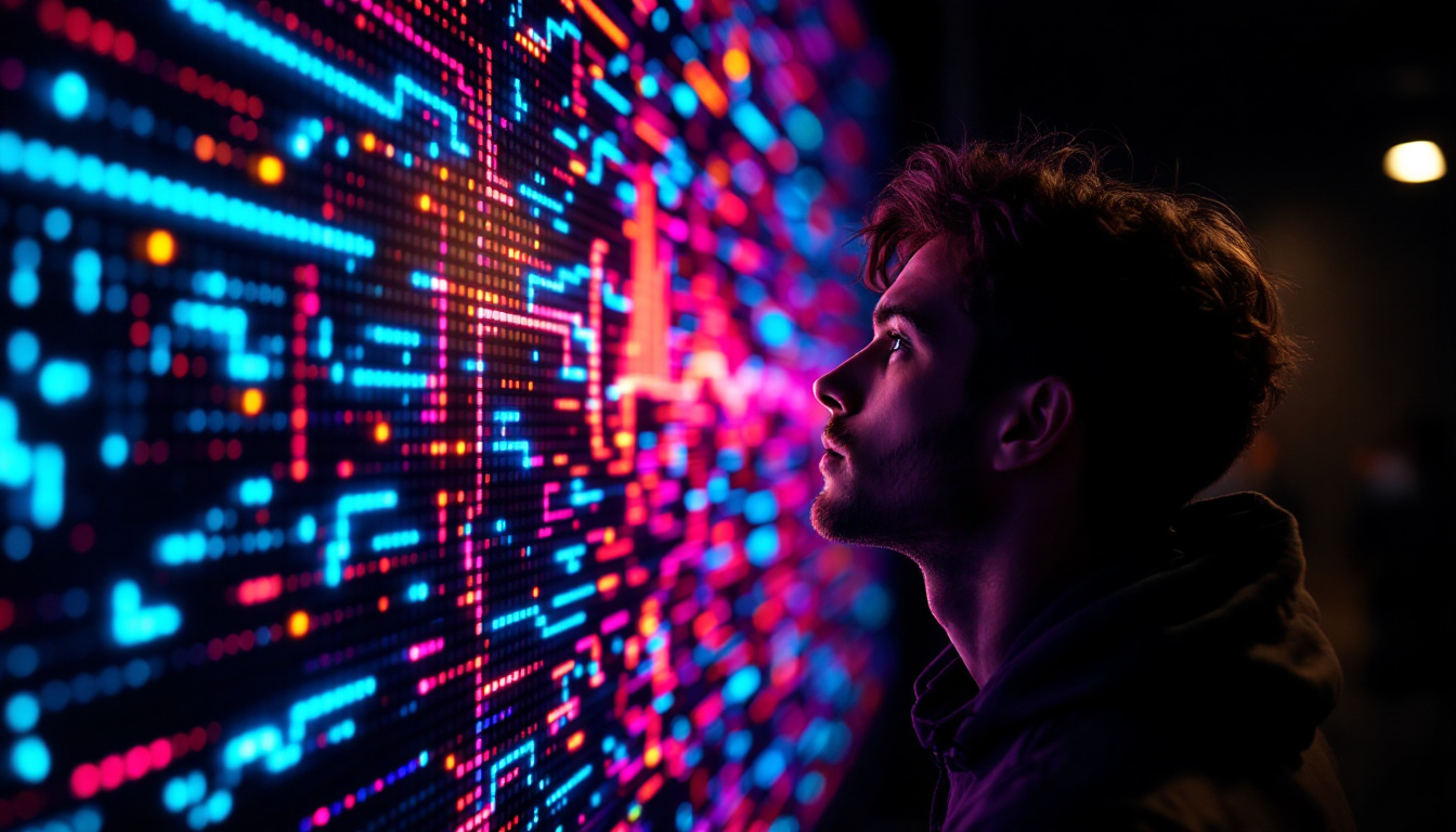A photograph of a musician intently listening to a vibrant led display that visually represents sound frequencies