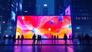 A photograph of a vibrant led display in an urban setting