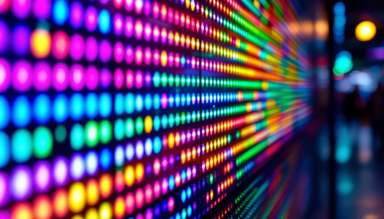 A photograph of a close-up of a vibrant led display showcasing dynamic colors and patterns