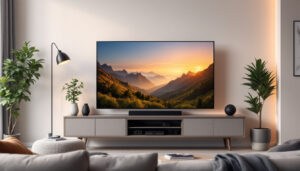 A photograph of a modern living room featuring a sleek led flat panel tv prominently displayed on a stylish media console