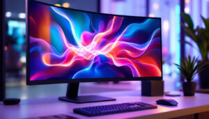 A photograph of a sleek all-in-one desktop monitor displaying vibrant led graphics in a modern workspace setting