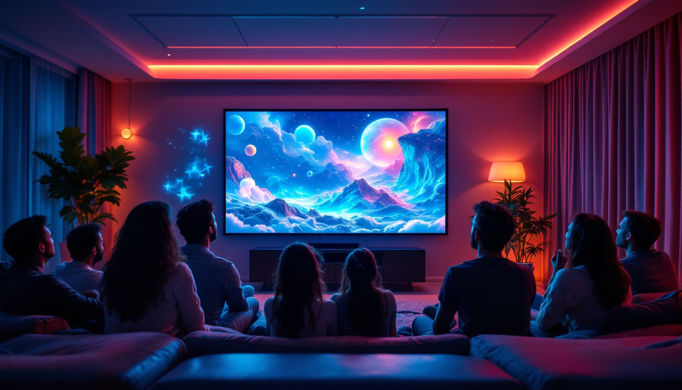 A photograph of a modern indoor setting featuring a high-quality led projection screen in use