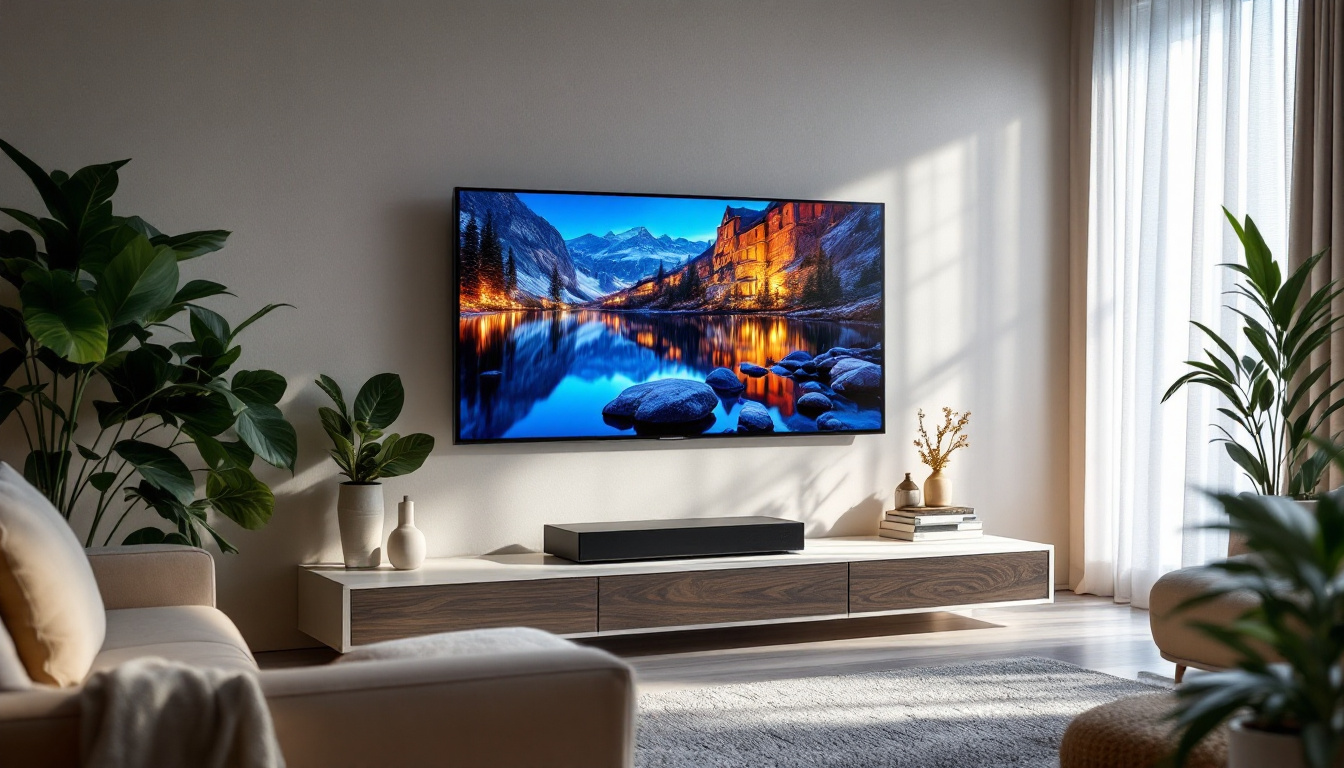 A photograph of a modern living room featuring a sleek touch screen led tv in action
