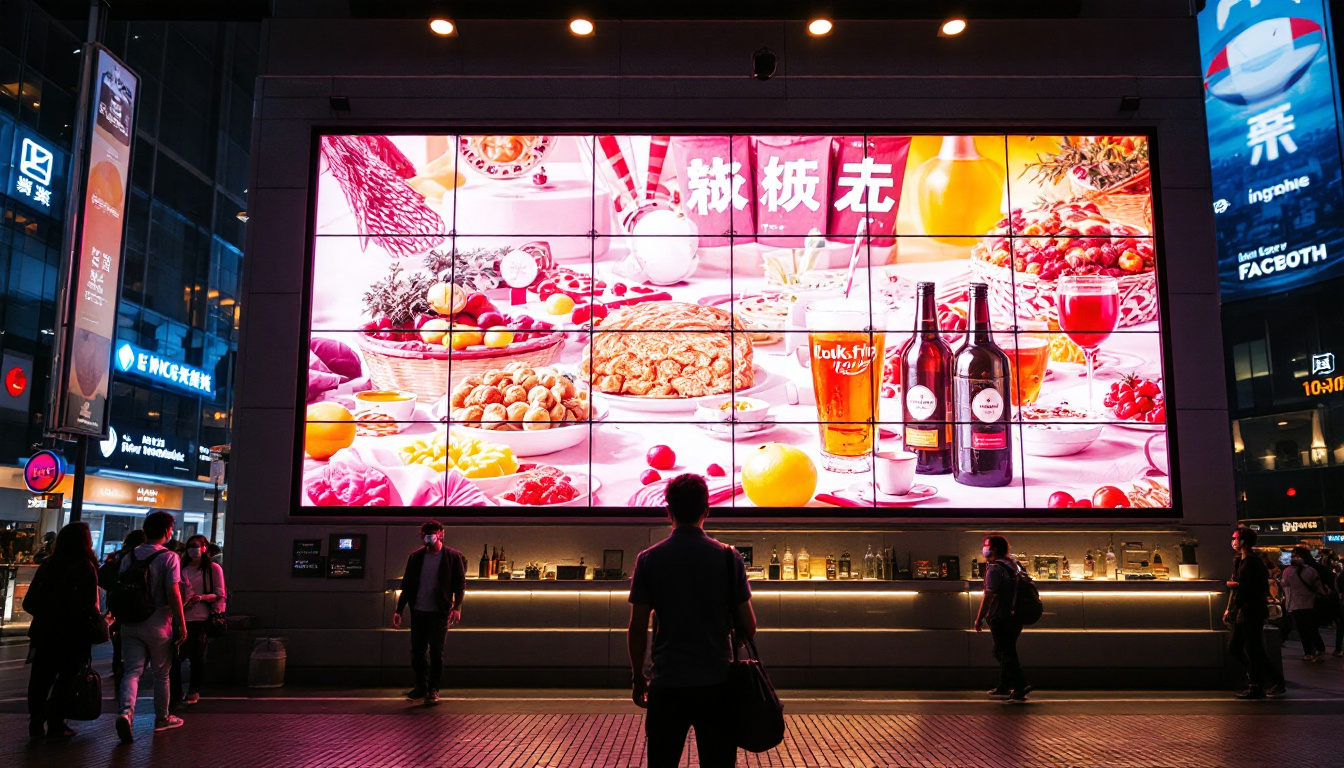 A photograph of capture a photograph of a vibrant led digital signage display in a bustling urban environment in singapore