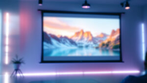 A photograph of a well-lit projector screen displaying vibrant images