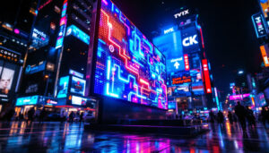 A photograph of a vibrant led display in a dynamic urban setting
