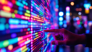 A photograph of a close-up shot of a vibrant led display in action