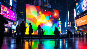 A photograph of a vibrant led display in a dynamic urban setting