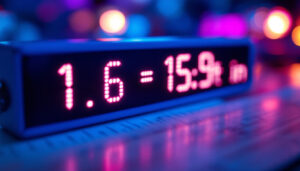 A photograph of a close-up of a digital led display showing the conversion of 1.6 feet to inches