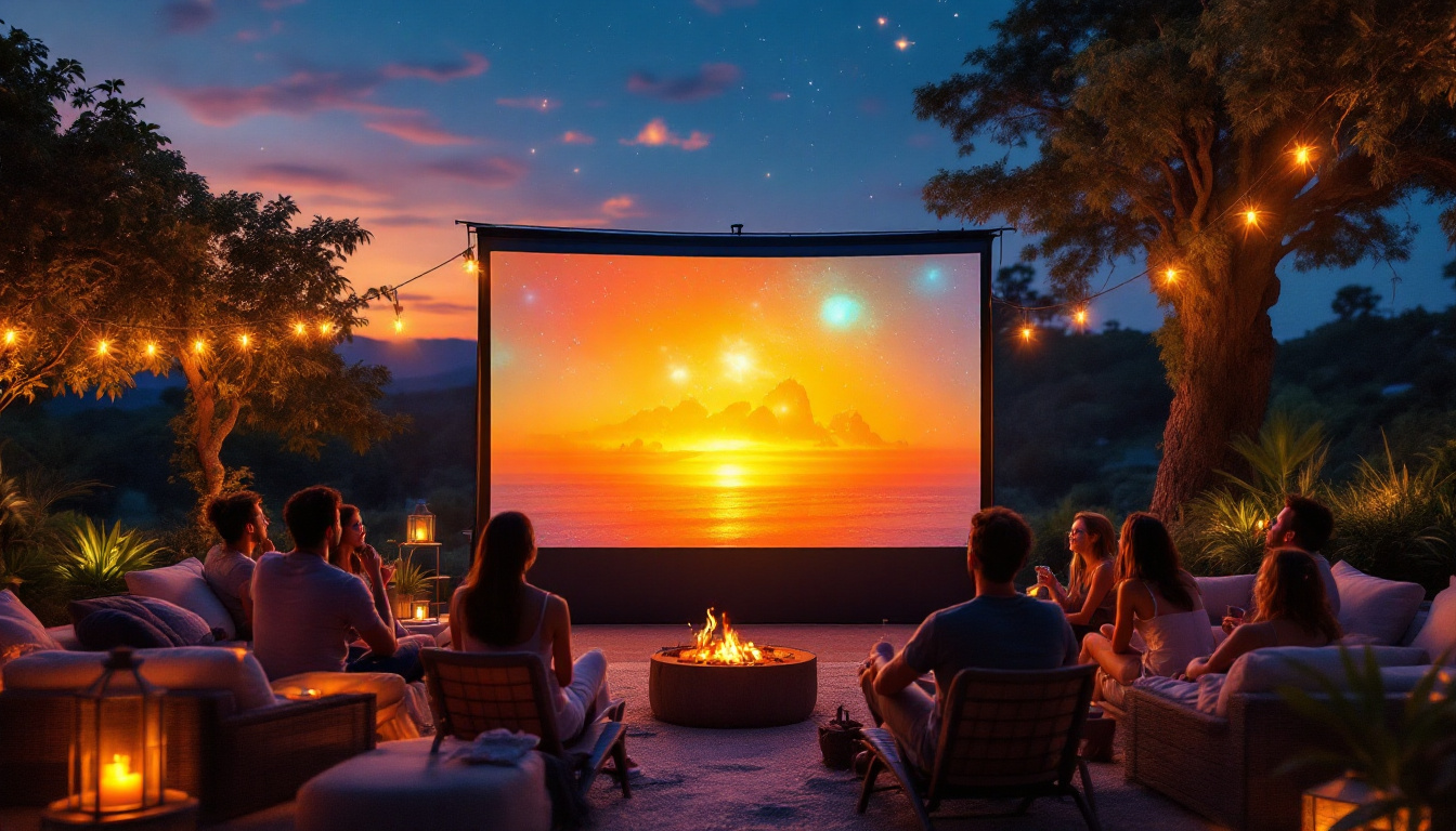 A photograph of a motorized outdoor projector screen in use during a vibrant evening setting