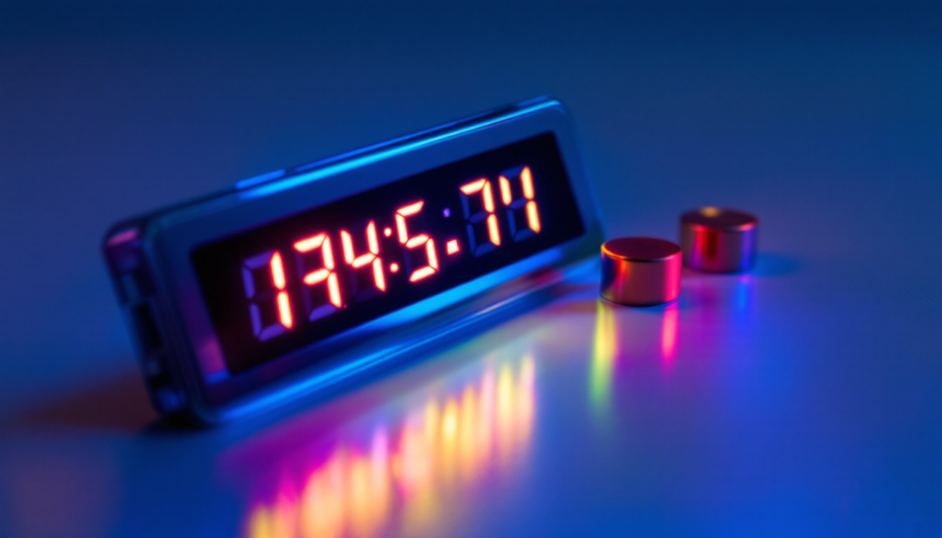 A photograph of a close-up shot of an lcd calculator with its led display illuminated