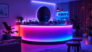A photograph of capture a photograph of a stylish curved home bar featuring an illuminated led display