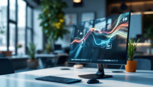 A photograph of a sleek multi-touch desktop monitor in a modern workspace