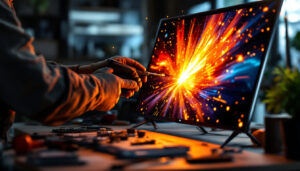 A photograph of a technician carefully replacing a plasma tv screen with an led display