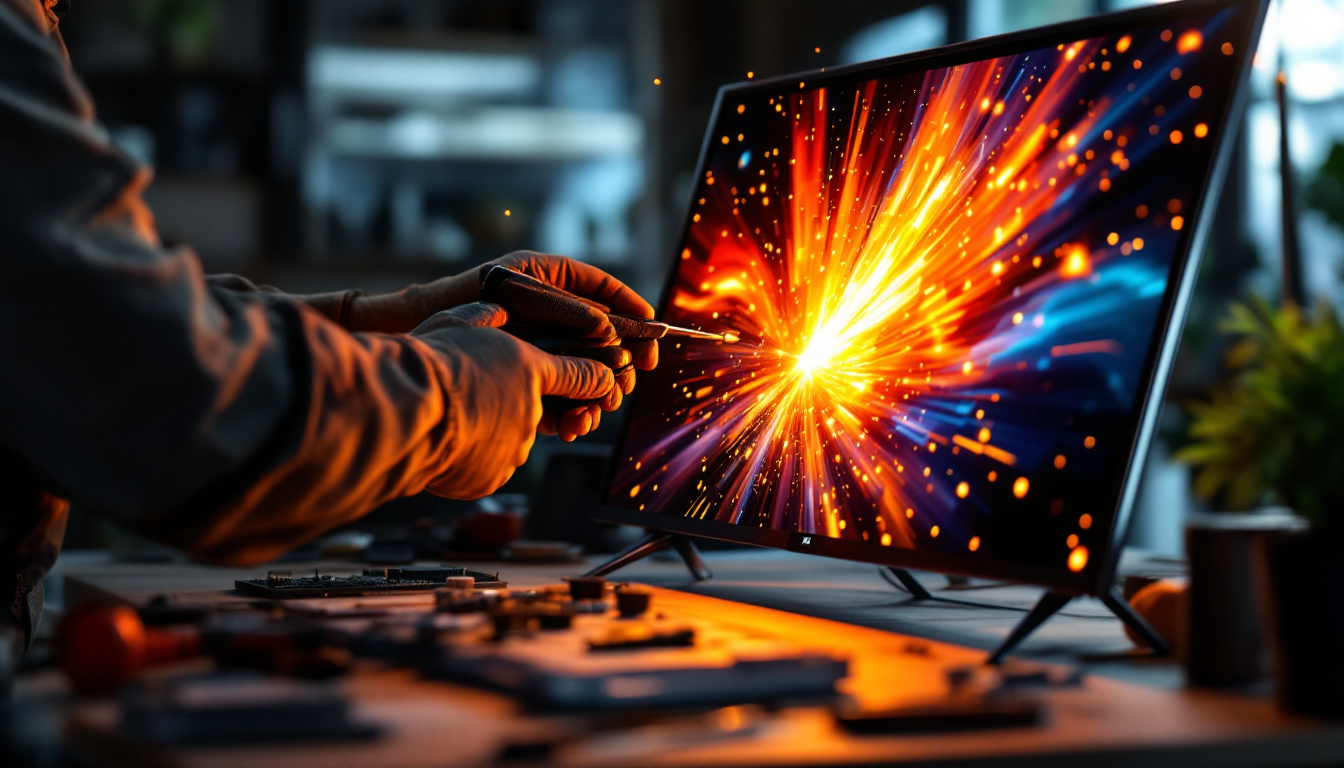 A photograph of a technician carefully replacing a plasma tv screen with an led display