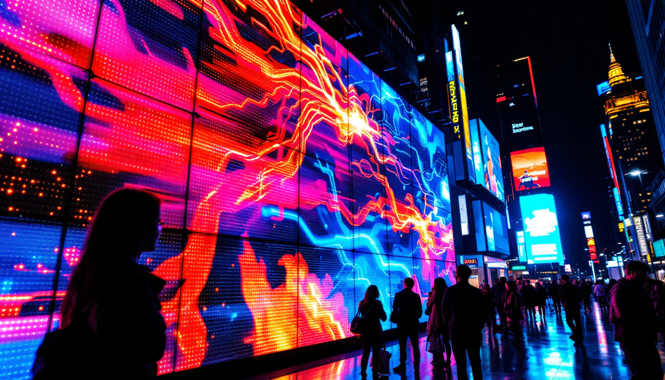A photograph of a vibrant led display in a dynamic urban setting