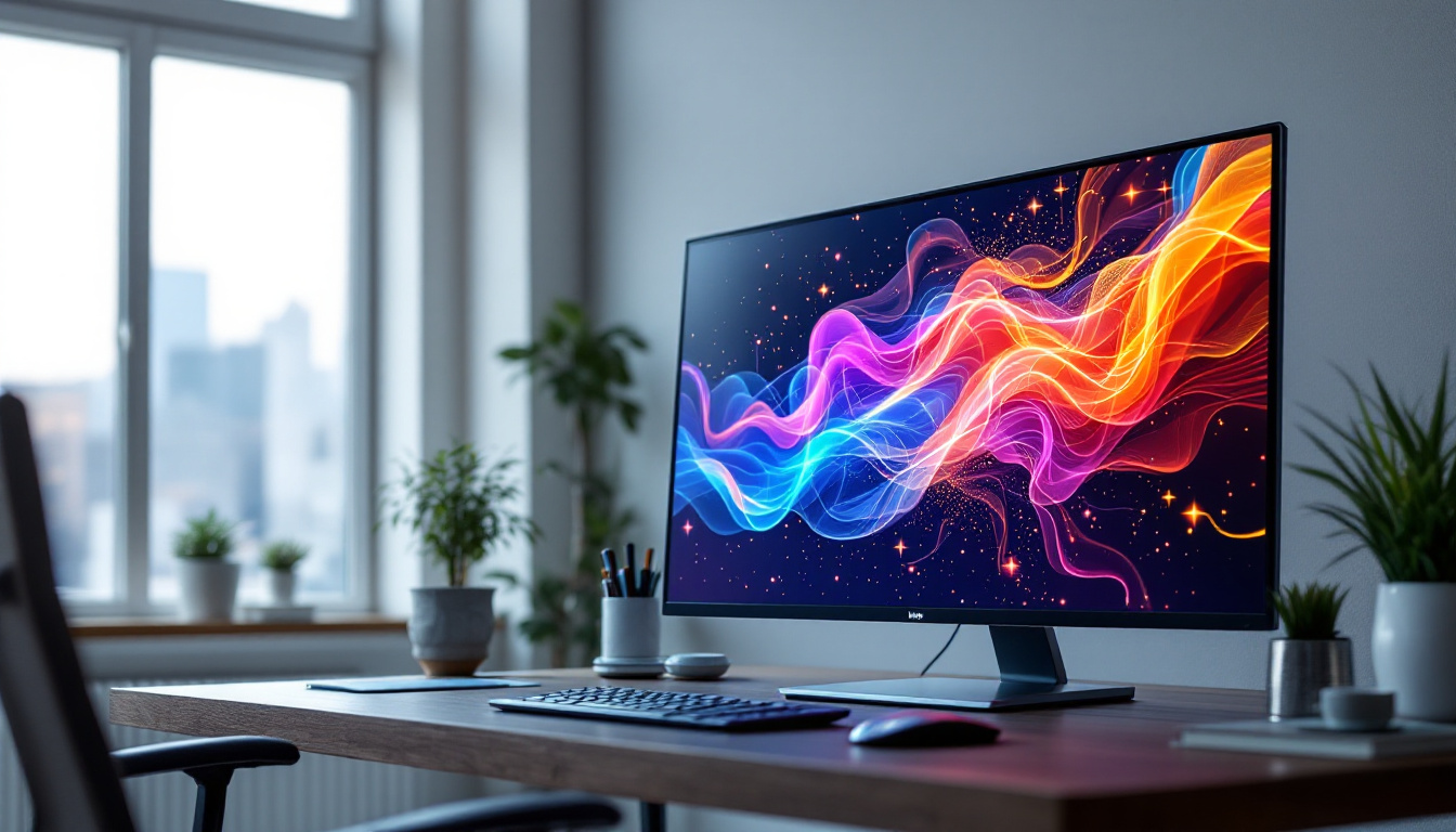 A photograph of a sleek 32-inch touch monitor displaying vibrant led visuals
