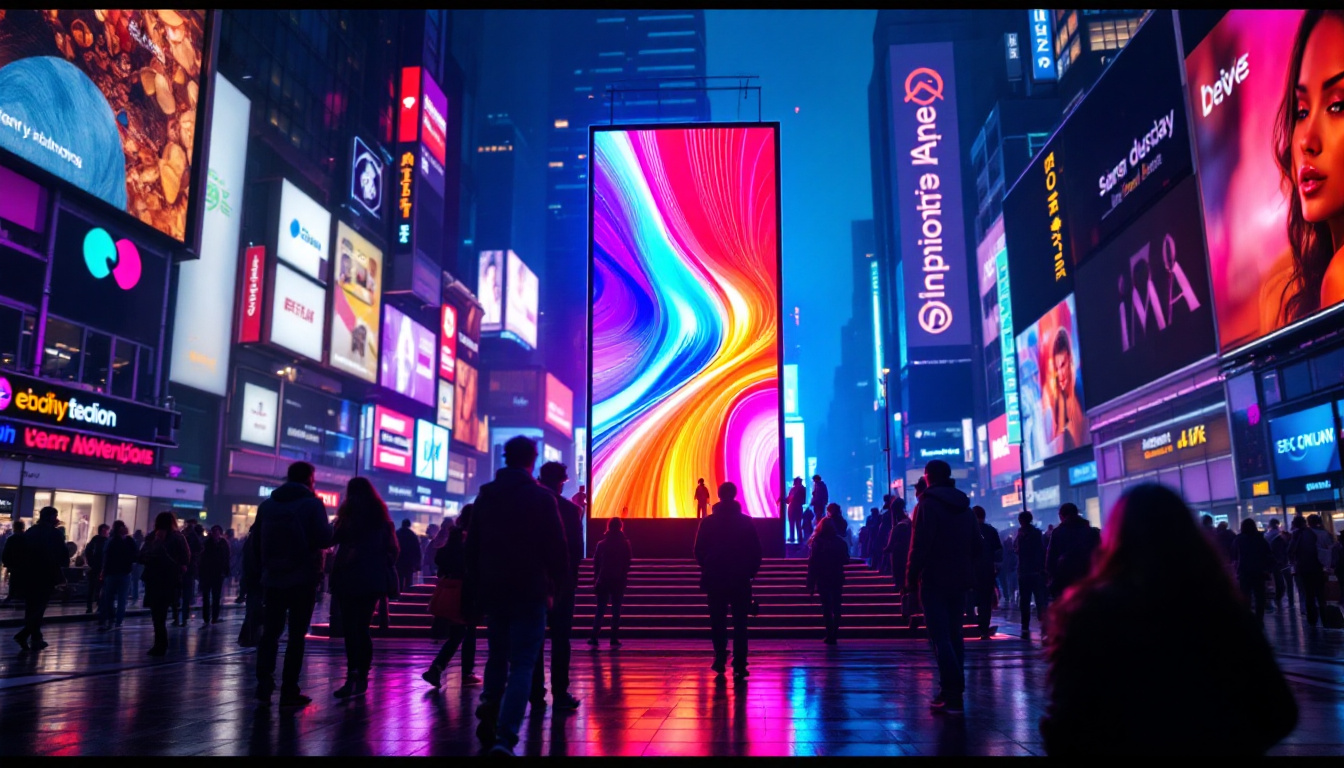 A photograph of capture a photograph of a vibrant led display in a bustling urban environment
